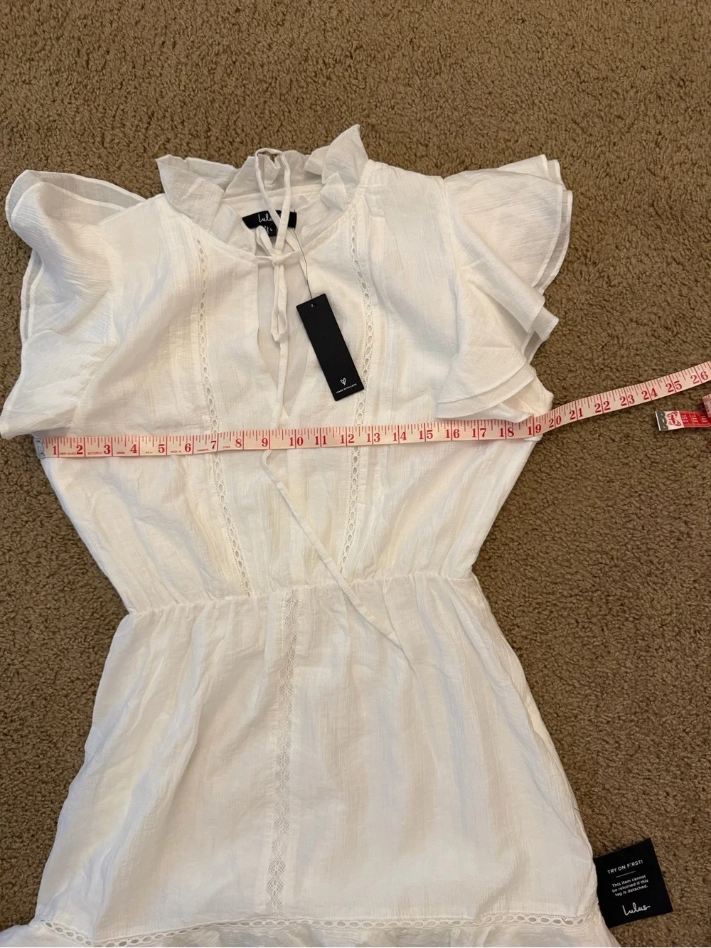 Lulus Tanaya White Flutter Sleeve Tiered Mini Dress size large white lace boho - Picture 9 of 15